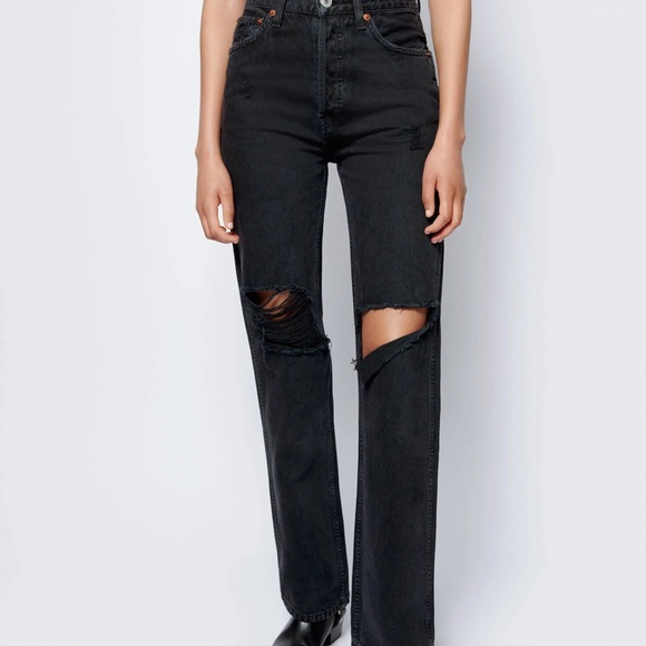 RE/DONE High Rise Distressed Stovepipe Jeans 25 Black